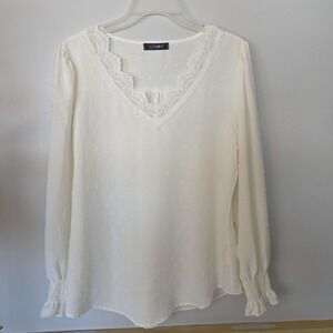 Women's Large Cream Long Sleeve Lace Textured Bubble Long Sleeve Blouse by Lomon